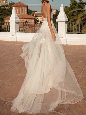 A-Line Wedding Dresses V Neck Sweep \ Brush Train Chiffon Spaghetti Strap Boho Illusion Detail_2