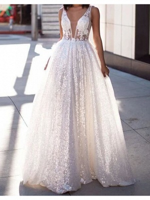 A-Line Wedding Dresses Scoop Neck Sweep \ Brush Train Lace Tulle Sleeveless Beach Sexy See-Through_1