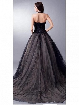 Ball Gown Wedding Dresses V Neck Sweep \ Brush Train Lace Tulle Regular Straps Sexy Plus Size Black Modern_3