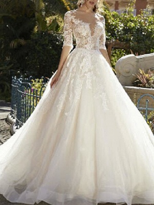 Ball Gown V Neck Sweep \ Brush Train Tulle Polyester Half Sleeve Country Plus Size Wedding Dresses_1