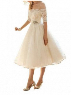 A-Line Wedding Dresses Off Shoulder Knee Length Lace Tulle Half Sleeve Country Vintage Plus Size_3