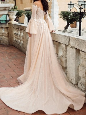 A-Line Wedding Dresses V Neck Court Train Chiffon Lace Tulle Long Sleeve Formal_2