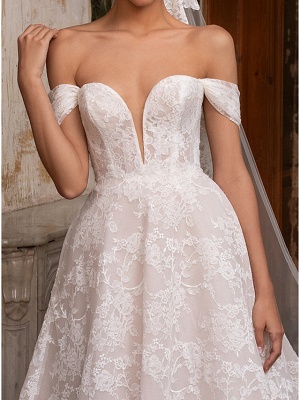 A-Line Wedding Dresses Off Shoulder Sweep \ Brush Train Lace Short Sleeve Plus Size_3