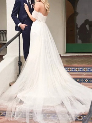 A-Line Wedding Dresses Off Shoulder Court Train Lace Satin Tulle Short Sleeve Formal_3
