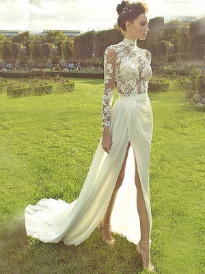 A-Line Wedding Dresses High Neck Court Train Lace Polyester Long Sleeve Country Illusion Sleeve_1