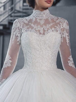 Ball Gown Wedding Dresses High Neck Court Train Tulle Long Sleeve Glamorous Vintage See-Through Backless Illusion Sleeve_3
