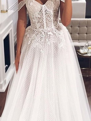 A-Line Off Shoulder Sweep \ Brush Train Tulle Short Sleeve Country Plus Size Wedding Dresses_3