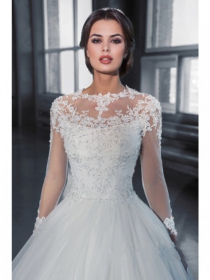 A-Line Off Shoulder Court Train Lace Long Sleeve Sexy Wedding Dresses_3