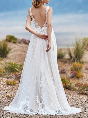 A-Line Wedding Dresses V Neck Sweep \ Brush Train Lace Tulle Sleeveless Vintage Sexy Wedding Dress in Color Backless_2