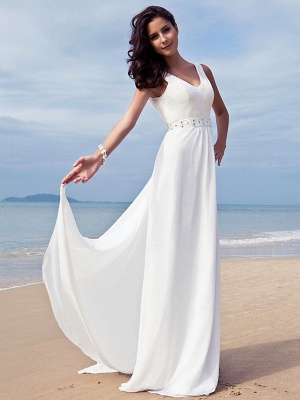 Sheath \ Column Wedding Dresses V Neck Floor Length Chiffon Regular Straps Simple Beach Plus Size_3