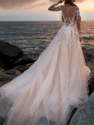 A-Line Wedding Dresses Bateau Neck Court Train Lace Tulle Long Sleeve Formal See-Through Illusion Sleeve_3