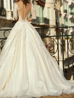 Ball Gown V Neck Sweep \ Brush Train Tulle Polyester Half Sleeve Country Plus Size Wedding Dresses_3