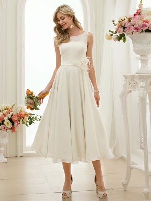 A-Line Wedding Dresses Bateau Neck Tea Length Chiffon Regular Straps Vintage Little White Dress 1950s_4