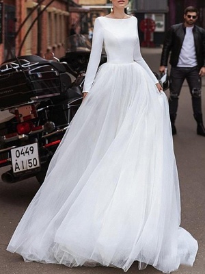 A-Line Wedding Dresses Jewel Neck Sweep \ Brush Train Satin Tulle Long Sleeve Simple_1