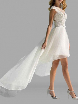 A-Line Wedding Dresses Jewel Neck Sweep \ Brush Train Asymmetrical Lace Tulle Sleeveless Sexy See-Through_3