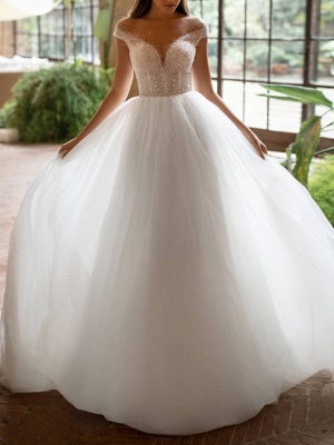 A-Line Wedding Dresses Off Shoulder Court Train Tulle Short Sleeve Plus Size_1