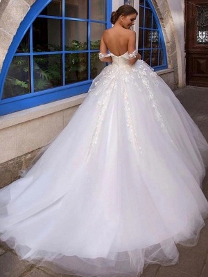 Ball Gown Off Shoulder Court Train Lace Tulle Short Sleeve Country Romantic Illusion Detail Backless Wedding Dresses_2
