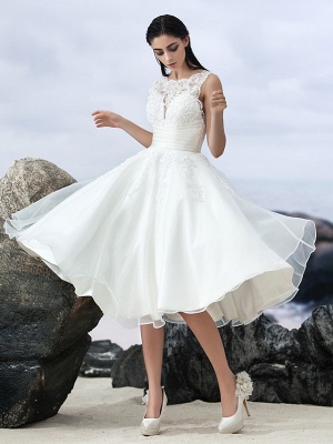 A-Line Wedding Dresses Bateau Neck Knee Length Organza Regular Straps Formal Casual Little White Dress Illusion Detail Backless_6