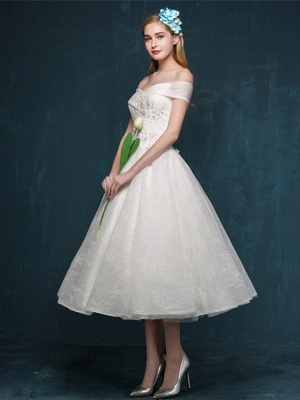 A-Line Wedding Dresses Off Shoulder Tea Length Beaded Lace Short Sleeve Casual Vintage Plus Size Cute_7