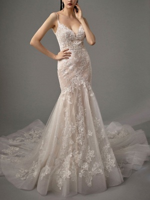 Mermaid \ Trumpet Wedding Dresses Spaghetti Strap Sweep \ Brush Train Lace Tulle Sleeveless Sexy See-Through Backless_2