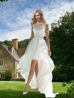 A-Line Wedding Dresses Jewel Neck Sweep \ Brush Train Asymmetrical Lace Tulle Sleeveless Sexy See-Through_1