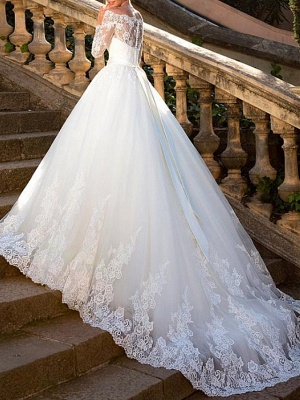Ball Gown A-Line Wedding Dresses Off Shoulder Court Train Lace Tulle Long Sleeve Formal See-Through_2