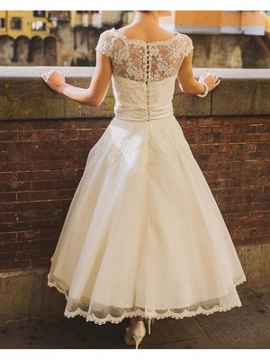 A-Line Wedding Dresses Jewel Neck Ankle Length Polyester Short Sleeve Vintage Plus Size_2