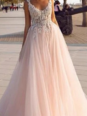 A-Line V Neck Court Train Lace Tulle Sleeveless Country Beach Sexy Wedding Dress in Color Wedding Dresses_3