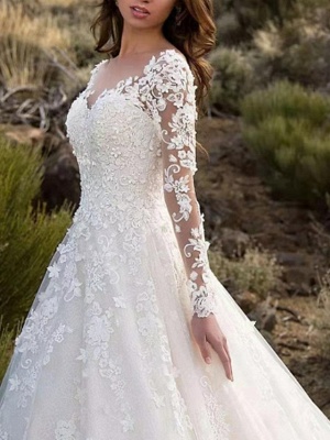 A-Line Wedding Dresses V Neck Sweep \ Brush Train Lace Long Sleeve Formal Sparkle & Shine Illusion Sleeve_2