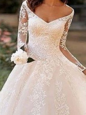 A-Line Wedding Dresses Bateau Neck V Neck Court Train Lace Tulle Long Sleeve Illusion Sleeve_3