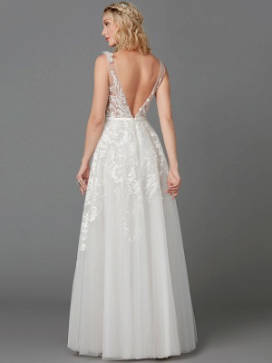 A-Line Wedding Dresses Plunging Neck Floor Length Lace Tulle Sleeveless See-Through_2