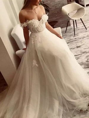 A-Line Wedding Dresses Off Shoulder Sweep \ Brush Train Lace Tulle Short Sleeve Sexy Plus Size_1