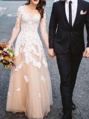 A-Line Wedding Dresses Jewel Neck Sweep \ Brush Train Lace Tulle Long Sleeve Formal See-Through_1