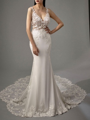 A-Line V Neck Sweep \ Brush Train Lace Georgette Sleeveless Sexy Backless Wedding Dresses_3