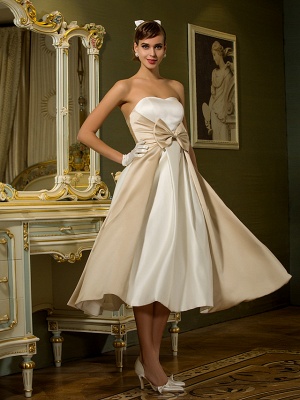 A-Line Wedding Dresses Sweetheart Neckline Tea Length Satin Strapless Casual Vintage Little White Dress Plus Size_3