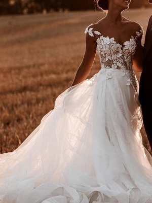 A-Line Wedding Dresses Jewel Neck Sweep \ Brush Train Lace Tulle Short Sleeve Sexy See-Through_2