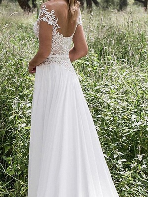 A-Line Wedding Dresses Jewel Neck Sweep \ Brush Train Chiffon Lace Short Sleeve Beach Sexy_2
