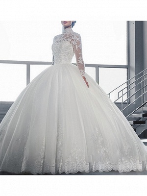 Ball Gown Wedding Dresses High Neck Court Train Tulle Long Sleeve Glamorous Vintage See-Through Backless Illusion Sleeve_1