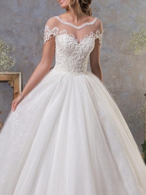 A-Line Wedding Dresses Jewel Neck Court Train Lace Tulle Short Sleeve Vintage Sexy See-Through Backless_3