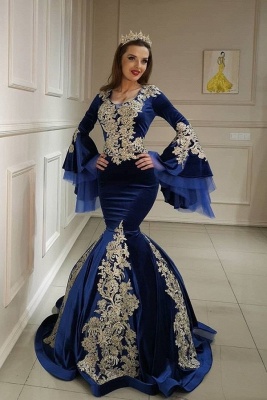 ZY098 Blue Evening Dresses With Sleeves | Velvet Prom Dresses With Lace_1