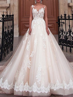 A-Line Wedding Dresses Jewel Neck Sweep \ Brush Train Lace Tulle Sleeveless Formal Sexy See-Through_1