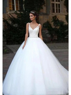 Ball Gown Wedding Dresses V Neck Court Train Lace Tulle Spaghetti Strap Country Illusion Detail Backless_4