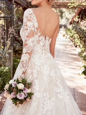 A-Line Wedding Dresses One Shoulder Court Train Lace Tulle Long Sleeve Illusion Sleeve_2