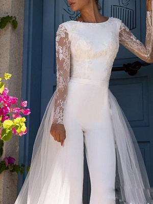 Jumpsuits Wedding Dresses Jewel Neck Court Train Lace Tulle Polyester Long Sleeve Illusion Sleeve_3