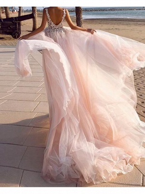 A-Line V Neck Court Train Lace Tulle Sleeveless Country Beach Sexy Wedding Dress in Color Wedding Dresses_2