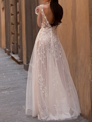 A-Line Wedding Dresses Scoop Neck Floor Length Lace Tulle Long Sleeve Beach Sexy See-Through_4