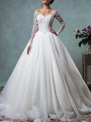 A-Line Wedding Dresses Off Shoulder Floor Length Tulle Long Sleeve Formal Plus Size_1
