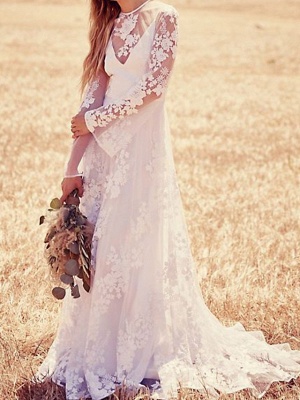 A-Line Jewel Neck Sweep \ Brush Train Lace Long Sleeve Beach Illusion Sleeve Wedding Dresses_1