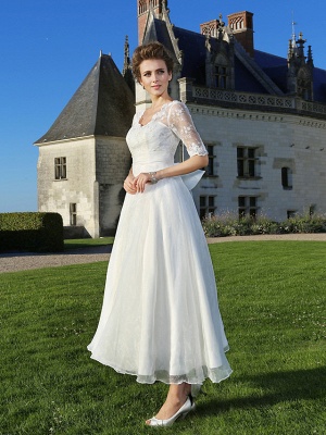 A-Line Wedding Dresses V Neck Ankle Length Organza Sheer Lace Half Sleeve Country Casual Vintage See-Through Illusion Sleeve_3