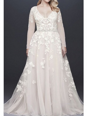 A-Line Wedding Dresses V Neck Court Train Lace Tulle Long Sleeve Illusion Sleeve_1